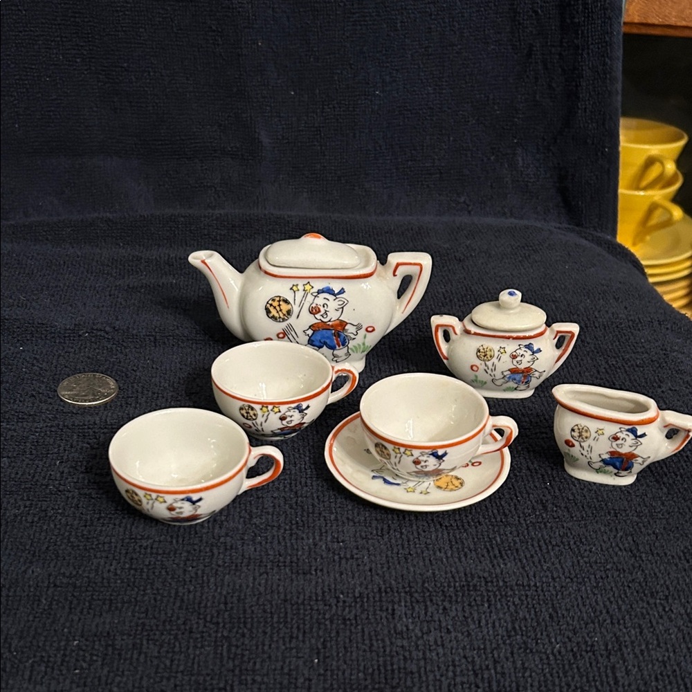 Charming White and Red Miniature 9 Piece Tea Set with Soccer Playing Pig